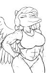 abs absurd_res anthro arm_feathers bottomwear bra braided_hair breasts clothing elbow_feathers eyes_closed feathered_wings feathers female hair hand_on_hip hi_res long_hair mature_anthro mature_female monochrome muscular muscular_anthro muscular_female pants pterodactylus pterosaur reptile samantha_(snoot_game) scalie simple_background smile snoot_game snout solo sports_bra tight_clothing underwear unknown_artist white_background wide_hips wings