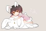  animal_ears black_hair blush brown_eyes bunny bunny_ears bunny_tail doll dress inaba_tewi pink_dress satou_memeko short_hair smile solo tail touhou 