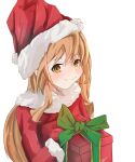  1girl absurdres aisaka_taiga blush box brown_eyes brown_hair christmas closed_mouth commentary cynist1 english_commentary fur-trimmed_headwear fur_trim gift gift_box hair_between_eyes hat highres holding holding_gift long_hair long_sleeves looking_at_viewer mittens red_headwear red_mittens santa_costume santa_hat simple_background smile solo toradora! upper_body white_background 