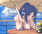  ahchih angry beach_umbrella bikini blue_hair blue_sky breast_rest breasts breasts_on_table can cheek_rest cleavage double-parted_bangs drink_can frown highres long_hair looking_at_viewer love_live! love_live!_sunshine!! matsuura_kanan ocean pointing pointing_at_viewer ponytail pov_across_table purple_eyes sidelocks sky striped_bikini striped_clothes swimsuit table umbrella undone_bra 