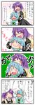  4koma :3 ^_^ ahoge biting blue_eyes blue_hair blush brown_hair closed_eyes comic drooling head_biting heterochromia highres hijiri_byakuren long_hair multicolored_hair multiple_girls open_mouth purple_hair red_eyes short_hair smile tatara_kogasa touhou translated yuzuna99 