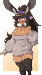  1girl :d absurdres animal_ear_fluff animal_ears bare_shoulders black_thighhighs breasts brown_hair choker cleavage commission daigada dark-skinned_female dark_skin dress highres large_breasts long_hair off-shoulder_sweater off_shoulder open_mouth original ponytail purple_eyes rabbit_ears rabbit_girl sleeves_past_wrists smile solo sweater sweater_dress thighhighs very_long_hair 