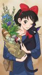  1girl animal bag baguette black_cat black_hair blue_dress blush bottle bouquet bow bread brown_background cat cheek-to-cheek clothed_animal cowboy_shot dress flower food grocery_bag hairband handbag heads_together highres holding holding_animal holding_bag jam jiji_(majo_no_takkyuubin) kiki_(majo_no_takkyuubin) long_sleeves looking_at_another looking_at_viewer majo_no_takkyuubin one_eye_closed paper_bag red_bow rikaco1988 shopping_bag short_hair sideways_glance smile 