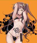  1girl 404_logo_(girls&#039;_frontline) absurdres bikini bikini_day black_bikini breasts brown_hair commentary_request cowboy_shot girls&#039;_frontline highres leaning_to_the_side long_hair looking_at_viewer magazine_(weapon) medium_breasts navel one_eye_closed one_side_up orange_background paint_splatter ryuu_tou scar scar_across_eye side-tie_bikini_bottom smile solo swimsuit thigh_gap twitter_username ump45_(girls&#039;_frontline) yellow_eyes 