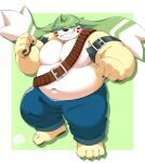 ammo_belt angoramon anthro bandai_namco belly belt biceps bottomwear clothed clothing denim denim_bottomwear denim_clothing digimon digimon_(species) fur gargomon hair hair_over_eyes hi_res horn hybrid jeans long_ears male multicolored_body multicolored_fur musclegut muscular_arms navel pants pecs solo topless uwsponge