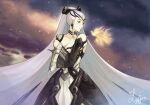  black_choker black_dress black_tiara blue_eyes breasts choker cleavage donnetramirez dress eir_(fire_emblem) fire_emblem fire_emblem_heroes frilled_sleeves frills highres holding holding_knife knife long_hair long_sleeves medium_breasts mole sidelocks star_(sky) tiara very_long_hair white_dress white_hair 