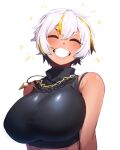  1girl artist_request blush breasts cleavage closed_eyes closed_mouth dark-skinned_female dark_skin hair_between_eyes large_breasts luvdia park_dona second-party_source short_hair smile solo tan virtual_youtuber white_hair 