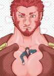  2boys absurdres bara beard between_pectorals facial_hair fate/grand_order fate_(series) full_beard heart heart_background highres iskandar_(fate) karasu_18-go large_pectorals lord_el-melloi_ii male_focus mature_male mini_person miniboy multiple_boys muscular muscular_male pectoral_focus pectorals red_hair short_hair thick_beard thick_eyebrows upper_body waver_velvet wrinkled_skin yaoi 