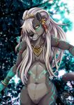 anthro baroque_(artist) breasts fatima_eaglefeather felid female fur grey_body grey_fur hair hi_res jewelry mammal navel necklace nipples nude pantherine sdorica sdorica_sunset seductive solo standing tattoo white_hair