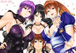 3girls :d ayane_(doa) between_breasts blue_eyes breast_rest breasts breasts_on_head brown_eyes brown_hair cherry_blossoms choker cleavage collarbone controller dead_or_alive dualshock frown game_console game_controller gamepad hands_on_shoulders huge_breasts kasumi_(doa) koei_tecmo large_breasts looking_at_viewer momiji_(ninja_gaiden) multiple_girls ninja ninja_gaiden open_mouth pelvic_curtain ponytail purple_hair red_eyes ryu_hayabusa sanji_(ninja_gaiden) short_hair smile teeth trait_connection xbox_360 zonda_(solid_air) 
