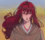  1girl akatsuki_no_yona cape close-up earrings english_commentary floating_hair hair_between_eyes highres hood hooded_cape jewelry long_hair looking_at_viewer pink_lips purple_eyes red_hair sky solo tenartistt yona_(akatsuki_no_yona) 