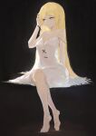  1girl absurdres bare_shoulders barefoot black_background black_ribbon blonde_hair breasts dress expressionless full_body highres kiss-shot_acerola-orion_heart-under-blade kissshotmagia kizumonogatari long_hair looking_to_the_side monogatari_(series) oshino_shinobu pointy_ears ribbon sitting sleeveless sleeveless_dress small_breasts solo strap_slip white_dress wrist_ribbon yellow_eyes 