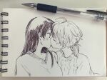  2girls ahoge art_tools_in_frame ballpoint_pen_(medium) blush closed_eyes commentary_request derivative_work hatching_(texture) highres kiss koito_yuu long_hair looking_at_another low_twintails mitsu_(mitsum) multiple_girls nanami_touko pen photo_(medium) short_twintails sweater traditional_media twintails upper_body yagate_kimi_ni_naru yuri 