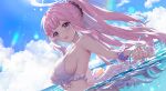  1girl alpha_(yukai_na_nakamatachi) angel_wings bikini black_scrunchie blue_archive blush breasts crescent crescent_pin day feathered_wings hair_ornament hair_scrunchie halo highres large_breasts long_hair mika_(blue_archive) open_mouth outdoors partially_submerged pink_hair pink_halo ponytail scrunchie smile solo swimsuit upper_body water white_bikini white_wings wings yellow_eyes 