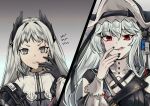  2girls arknights black_headwear black_jacket black_nails blood blood_on_face breasts capelet cleavage_cutout clothing_cutout grey_background grey_eyes grey_hair hair_between_eyes hand_to_own_mouth hand_up hat highres irene_(arknights) jacket licking_lips long_hair long_sleeves medium_breasts multiple_girls nail_polish parted_lips pokarii_zuu red_eyes sharp_teeth specter_(arknights) specter_the_unchained_(arknights) teeth tongue tongue_out upper_body white_capelet 