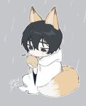  1boy animal_ears black_eyes black_hair chibi e.g.o_(project_moon) food fox_ears fox_tail holding holding_food hood hood_down limbus_company male_focus potato project_moon rain solo stm_o000 tail tongue tongue_out white_raincoat yi_sang_(project_moon) 