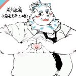anthro belly blush canid canine canis chinese_text domestic_dog eyebrows fur gesture hand_heart hi_res lifewonders live_a_hero male mammal necktie nipples nordic_sled_dog overweight sairua0317 samoyed solo spitz text thick_eyebrows white_body white_fur yohack