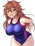  1girl ahoge animal_print blush breasts brown_hair competition_swimsuit cow_print hairband highres kantai_collection large_breasts long_hair looking_at_viewer montemasa one-piece_swimsuit purple_one-piece_swimsuit red_one-piece_swimsuit shiratsuyu_(kancolle) shiratsuyu_kai_ni_(kancolle) smile swimsuit two-tone_swimsuit white_background 