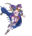  1girl attack earrings fire_emblem fire_emblem:_the_binding_blade fire_emblem_heroes hanusu highres holding holding_sword holding_weapon jewelry juno_(fire_emblem) juno_(nimble_grace)_(fire_emblem) non-web_source official_alternate_costume official_art pelvic_curtain purple_eyes purple_hair simple_background solo sword tassel tassel_earrings v-shaped_eyebrows weapon white_background 