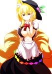  animal_ears blonde_hair breasts cosplay dress food fox_ears fox_tail fruit hat hinanawi_tenshi hinanawi_tenshi_(cosplay) large_breasts merry_(diameri) midriff multiple_tails navel peach red_eyes solo tail touhou yakumo_ran 