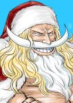  1boy blonde_hair blue_background close-up commentary_request crossed_arms edward_newgate facial_hair hat kokorozashi long_hair looking_at_viewer male_focus mustache one_piece santa_cape santa_hat simple_background smile solo white_beard 