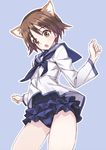  :o adapted_costume animal_ears bad_id bad_pixiv_id blush brown_eyes brown_hair dog_ears double_flare_skirt_one-piece frilled_swimsuit frills matsuryuu miyafuji_yoshika nontraditional_school_swimsuit sailor_collar school_swimsuit short_hair simple_background solo strike_witches swimsuit swimsuit_under_clothes uniform world_witches_series 