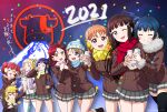  2021 6+girls :d ;d absurdres arm_around_waist black_pantyhose black_thighhighs blue_eyes blue_hair blue_scarf blush bottle braid brown_hair brown_jacket closed_eyes crown_braid earmuffs green_eyes grey_skirt grin hair_bun hair_ornament hairclip high_ponytail highres holding holding_bottle jacket kunikida_hanamaru kurosawa_dia kurosawa_ruby leg_up long_hair long_sleeves love_live! love_live!_sunshine!! matsuura_kanan medium_hair milk_bottle milk_mustache miniskirt multiple_girls ohara_mari one_eye_closed orange_hair pantyhose pink_scarf pleated_skirt purple_hair purple_scarf red_eyes red_hair red_scarf sakurauchi_riko scarf school_uniform short_hair skirt smile standing takami_chika thighhighs tsushima_yoshiko twintails uranohoshi_school_uniform v-shaped_eyebrows watanabe_you white_thighhighs yellow_eyes yellow_headwear yellow_scarf yumechiku zettai_ryouiki 