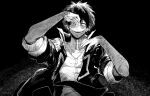  1boy black_background boku_no_hero_academia burn_scar cheek_piercing dabi_(boku_no_hero_academia) ear_piercing evil_smile greyscale highres jacket looking_at_viewer male_focus monochrome multicolored_hair multiple_piercings multiple_scars nose_piercing open_mouth piercing popped_collar scar scar_on_arm scar_on_face scar_on_hand scar_on_mouth scar_on_neck short_hair sleeves_rolled_up smile spiked_hair staple stapled stitches upper_body wrinkled_skin yokoyari_mengo 