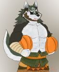 abs absurd_res anthro armwear bandage canid canine canis clothed clothing dangermons food fruit hi_res humanoid link_(wolf_form) male mammal muscular nintendo partially_clothed pecs plant pumpkin simple_background solo the_legend_of_zelda wolf