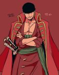  1boy bandana black_bandana coat coat_on_shoulders commentary cowboy_shot crossed_arms dated earrings green_sash haramaki hatch_(8cco) jewelry looking_at_viewer male_focus one_piece one_piece_film:_z red_background red_coat roronoa_zoro sash scar scar_across_eye scar_on_chest smile solo sword weapon 