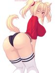  1girl :3 animal_ear_fluff animal_ears ass black_panties blonde_hair blush breasts cat_ears cat_tail closed_mouth covered_nipples fang feet_out_of_frame from_behind hair_between_eyes hair_ornament hair_scrunchie highres kneepits lace-trimmed_panties lace_trim large_breasts leaning_forward long_hair looking_at_viewer looking_back nape nottytiffy one_eye_closed orange_eyes original panties red_shirt scrunchie shirt short_twintails sidelocks simple_background smile solo tail thighhighs thighs tiffy_(nottytiffy) twintails underwear white_background white_thighhighs 