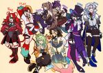  4boys 4girls androgynous animal_ears apple arms_up banzoin_hakka banzoin_hakka_(cosplay) black_bodysuit black_choker black_gloves black_hair black_shorts black_thighhighs blue_bow blue_bowtie blue_eyes blue_hair blue_ribbon blue_skin blush bodysuit boots bow bowtie brown_hair ceres_fauna ceres_fauna_(1st_costume) ceres_fauna_(cosplay) chain_headband character_name choker cleavage_cutout closed_eyes clothing_cutout coat colored_skin cosplay costume_switch cropped_jacket crossdressing detached_sleeves dress earrings feather_hair_ornament feathers flower food fruit full_body fur-trimmed_jacket fur_trim gavis_bettel gavis_bettel_(cosplay) gloves green_hair grey_hair grin hair_between_eyes hair_flower hair_ornament hakos_baelz hakos_baelz_(1st_costume) hakos_baelz_(cosplay) hands_on_own_hips hat hat_ribbon heterochromia high_heel_boots high_heels high_ponytail highres holding holding_food holding_fruit holocouncil hololive hololive_english holostars holostars_english holotempus jacket japanese_clothes jewelry josuiji_shinri josuiji_shinri_(cosplay) kneeling long_hair looking_at_another looking_at_viewer machina_x_flayon machina_x_flayon_(cosplay) mechanical_tail ministarfruit mole mole_under_eye mouse_ears mouse_girl mouse_tail multicolored_coat multicolored_hair multiple_boys multiple_girls nanashi_mumei nanashi_mumei_(1st_costume) nanashi_mumei_(cosplay) one_eye_closed open_mouth ouro_kronii ouro_kronii_(1st_costume) ouro_kronii_(cosplay) outline pink_eyes pink_hair profile red_apple red_hair red_jacket ribbon sandals scarf short_hair shorts simple_background sitting skirt smile socks standing stretching tail tail_ornament tail_ribbon thigh_boots thighhighs top_hat veil very_long_hair virtual_youtuber white_hair white_scarf white_socks white_thighhighs white_veil yellow_background yellow_eyes yellow_jacket 