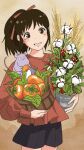  1girl aged_up basket black_shorts blush bou_(sen_to_chihiro_no_kamikakushi) brown_background brown_hair casual cowboy_shot eating flower flower_pot food fruit grin hair_ribbon highres holding holding_basket holding_flower_pot long_sleeves looking_at_viewer mouse ogino_chihiro persimmon plant ponytail potted_plant puffy_long_sleeves puffy_sleeves red_ribbon red_shirt ribbon rikaco1988 sen_to_chihiro_no_kamikakushi shirt short_hair shorts smile wheat white_flower 