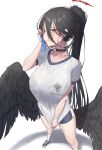  1girl absurdres black_choker black_hair black_wings blue_archive blue_footwear blue_shorts breasts choker closed_mouth clothes_writing collarbone feathered_wings foreshortening gym_shirt gym_shorts gym_uniform hair_between_eyes halo hasumi_(blue_archive) hasumi_(track)_(blue_archive) highres kneehighs large_breasts large_wings long_hair looking_at_viewer low_wings mole mole_under_eye official_alternate_costume ponytail red_eyes red_halo see-through shirt shirt_tug shoes short_shorts short_sleeves shorts skimun sneakers socks solo standing sweat very_long_hair wet wet_clothes wet_shirt white_background white_shirt white_socks wings wiping_sweat 