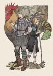  1boy 1girl armor artist_name belt bird blonde_hair boots brown_footwear chicken closed_mouth colored_skin commentary_request dark_skin denny626 dungeon_meshi full_body green_skin grey_hair hand_on_own_hip highres holding holding_staff laios_thorden long_hair marcille_donato multicolored_skin pointy_ears short_hair shoulder_armor slit_pupils snake staff standing sweat twitter_username two-tone_skin white_background yellow_eyes 