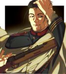  1boy beard black_background black_eyes border buttons cape english_commentary facial_hair golden_kamuy gun hand_in_own_hair highres holding holding_gun holding_weapon jacket laulaubi light_smile looking_to_the_side male_focus military_jacket ogata_hyakunosuke rifle scar scar_on_face short_hair solo upper_body weapon white_border 