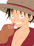  1boy black_hair close-up commentary eating food hat highres looking_at_viewer male_focus meat monkey_d._luffy one_piece red_shirt scar scar_on_face shirt short_hair simple_background solo straw_hat suzu_(suzuran_piece) white_background 