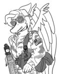 2024 5_fingers absurd_res anthro black_and_white braided_hair clothing dinosaur eyewear feathered_wings feathers female fingers gun hair hi_res jacket_ignites military military_uniform monochrome pterodactylus pterosaur ranged_weapon reptile rifle samantha_(snoot_game) scalie sketch sniper_rifle snoot_game snout solo stars_and_stripes sunglasses uniform united_states_of_america weapon wings