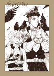  2boys animal animal_on_arm animal_on_head animal_on_shoulder beads belt bird bird_on_arm bird_on_head bird_on_shoulder blank_eyes border brown_theme closed_mouth crow demon_slayer_uniform feathers flock frown hair_between_eyes hand_up hands_up haori height_difference highres himejima_gyoumei jacket jacket_on_shoulders japanese_clothes kimetsu_no_yaiba krit long_sleeves male_focus monochrome multiple_boys on_head open_mouth own_hands_together palms_together prayer_beads praying scar scar_on_arm scar_on_chest scar_on_face scar_on_forehead scar_on_nose shinazugawa_sanemi short_hair side-by-side surprised twitter_username upper_body 