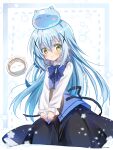  1other akatsuki_(ggsy7885) black_ribbon black_skirt blue_bow blue_bowtie blue_hair blue_vest bow bowtie character_name collared_shirt cosplay creature_on_head floating_hair gochuumon_wa_usagi_desu_ka? hair_ornament highres kafuu_chino kafuu_chino_(cosplay) long_hair long_sleeves rabbit_house_uniform ribbon rimuru_tempest rimuru_tempest_(slime) shirt sketch skirt slime_(creature) slime_on_head solo tensei_shitara_slime_datta_ken twitter_username very_long_hair vest white_shirt wing_collar x_hair_ornament yellow_eyes 