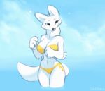 2d10 animated anthro arctic_fox bikini bra breasts canid canine clapping clothing female fox mammal partially_submerged solo standing swimwear tail tail_motion tailwag underwear water