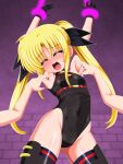  1girl 2others black_gloves black_leotard black_thighhighs breasts brick_wall commentary_request commission cowboy_shot fate_testarossa fate_testarossa_(movie_1st_form) gloves highleg highleg_leotard leotard lyrical_nanoha mahou_shoujo_lyrical_nanoha multiple_others open_mouth restrained round_teeth skeb_commission small_breasts solo teeth thighhighs tickling upper_teeth_only yaeba 