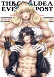  1boy 1girl abs bandaid bandaid_on_face bare_shoulders barghest_(fate) bite_mark black_gloves black_hair blonde_hair blue_eyes breasts choker commentary cover cover_page dated dress english_commentary english_text fate/grand_order fate_(series) frilled_choker frilled_dress frills fujimaru_ritsuka_(male) gloves green_eyes hands_on_another&#039;s_shoulders height_difference heterochromia highres huge_breasts kuon_(kwonchanji) lipstick_mark long_hair looking_at_viewer muscular muscular_female navel nipples open_clothes open_shirt red_eyes scratches short_hair smile tall_female the_saturday_evening_post thick_arms upper_body v very_long_hair white_background white_gloves 