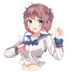  1girl :d absurdres blue_bow blue_bowtie blue_eyes blue_ribbon blue_sailor_collar blush bow bowtie bracelet breasts brown_hair collarbone cropped_torso cup drink drinking_straw hair_ribbon hand_up highres holding holding_cup jewelry long_sleeves looking_at_viewer medium_breasts midriff navel open_mouth original plaid ribbon sailor_collar shirt short_hair simple_background smile solo suzi upper_body white_background white_shirt 