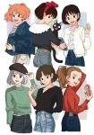  6+girls :d aged_up arm_behind_back arm_up arrietty black_nails blue_jacket blue_nails blue_pants blue_shirt bob_cut book breasts brown_eyes brown_hair brown_headwear cardigan casual character_request check_character check_copyright closed_mouth clothes_pin company_connection contemporary copyright_request cowboy_shot cropped_legs crossover denim denim_jacket earrings frilled_shirt_collar frills from_behind gake_no_ue_no_ponyo green_nails green_sweater grey_hair hair_pulled_back hand_on_headwear hand_up hat highres holding holding_book holding_hair hoop_earrings howl_no_ugoku_shiro index_finger_raised jacket jeans jewelry jiji_(majo_no_takkyuubin) karigurashi_no_arrietty kiki_(majo_no_takkyuubin) long_hair long_sleeves looking_at_viewer looking_back majo_no_takkyuubin mimi_wo_sumaseba mononoke_hime multiple_crossover multiple_girls nail_polish necklace open_mouth orange_hair pants partially_unbuttoned pendant pocket ponyo ponytail profile red_sweater rikaco1988 san_(mononoke_hime) shirt shirt_tucked_in short_hair sideways_glance simple_background sleeves_pushed_up smile sophie_(howl_no_ugoku_shiro) striped_clothes striped_shirt studio_ghibli sweater tsukishima_shizuku turtleneck turtleneck_sweater unbuttoned undressing waving white_background white_nails white_pants white_shirt 