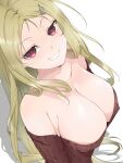  1girl armpit_crease bare_shoulders blonde_hair breasts brown_sweater cleavage from_above grin hair_ornament hairclip kinako_(mzknk0) large_breasts long_hair looking_at_viewer mole mole_under_mouth no_bra off-shoulder_sweater off_shoulder red_eyes senran_kagura shadow shiki_(senran_kagura) simple_background smile solo sweater tsurime upper_body white_background 