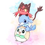  animal_focus bird black_eyes black_fur blue_skin cat closed_mouth colored_sclera colored_skin fang fireblast litten multicolored_background no_humans owl pokemon pokemon_(creature) popplio red_fur rowlet sea_lion snout starter_pokemon_trio tail two-tone_fur yellow_sclera 