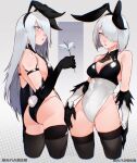  2b_(nier:automata) 2girls a2_(nier:automata) animal_ears ass bare_shoulders black_gloves black_leotard breasts brown_thighhighs cesar_art456 cleavage_cutout clothing_cutout commission cropped_legs elbow_gloves fake_animal_ears fake_tail flower gloves gradient_background grey_background grey_hair highres holding holding_flower leotard medium_breasts multiple_girls nier_(series) playboy_bunny procreate_(medium) rabbit_ears rabbit_tail short_hair tail teeth thighhighs white_leotard 