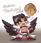  1boy bare_pectorals black_hair black_wings brown_horns cape chain chest_tattoo chibi claws daibutsu devil_jin forehead_jewel full_body gloves gradient_background horns kazama_jin kotorai male_focus open_mouth pants pectorals red_footwear red_gloves signature solo tattoo tekken thank_you thick_eyebrows v-shaped_eyebrows white_cape white_pants wings yellow_eyes 