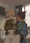  1boy 1girl absurdres ahoge ammunition_pouch beanie blonde_hair blonde_pubic_hair blue_eyes blush bound escape_from_tarkov faceless faceless_male green_sports_bra groping hair_between_eyes hat heavy_breathing highres indie_virtual_youtuber indoors kitchen licking licking_armpit load_bearing_vest mole mole_under_eye pom_pom_(clothes) pom_pom_beanie pouch sports_bra steaming_body sweater tape tape_bondage whiskey_project xerbatt 